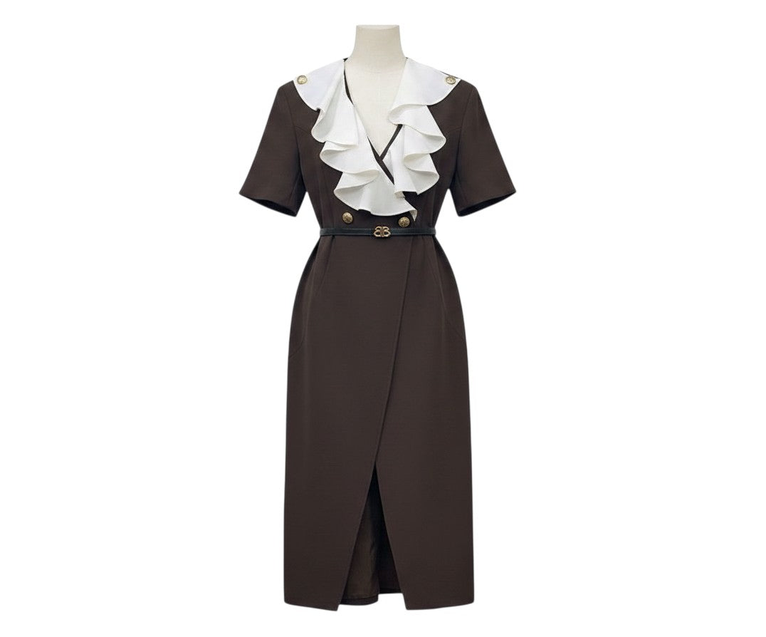 Brown Ruffle Collar Belted Dress