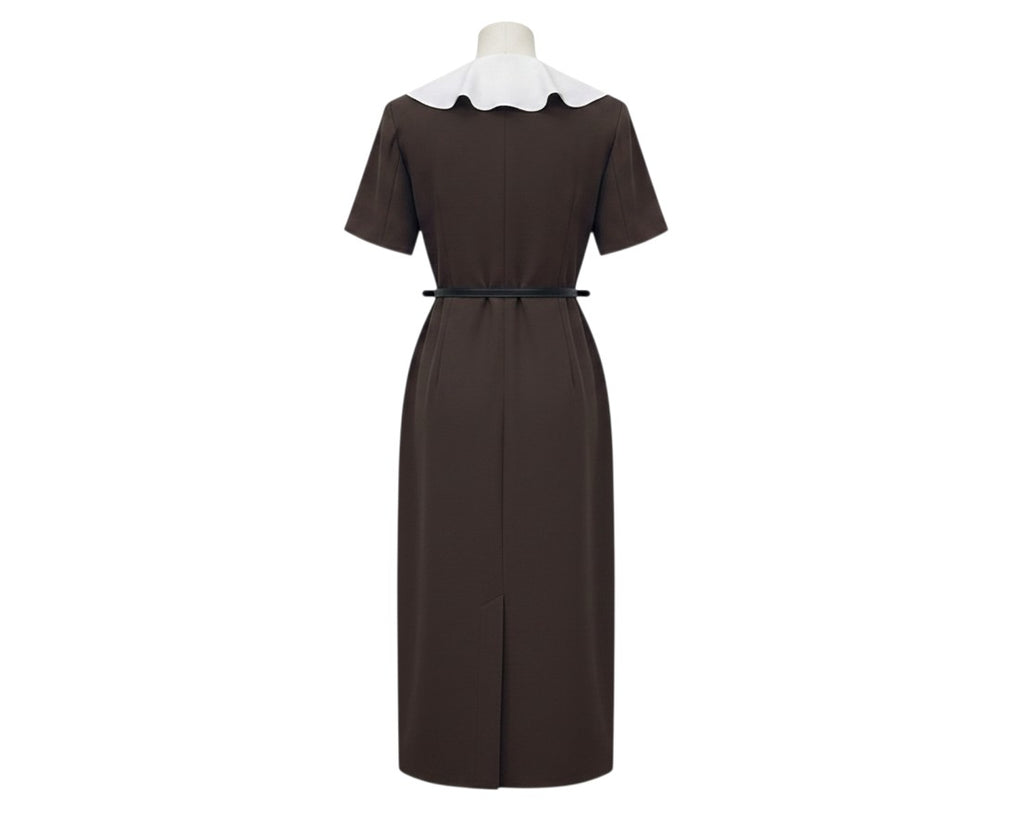 Brown Ruffle Collar Belted Dress