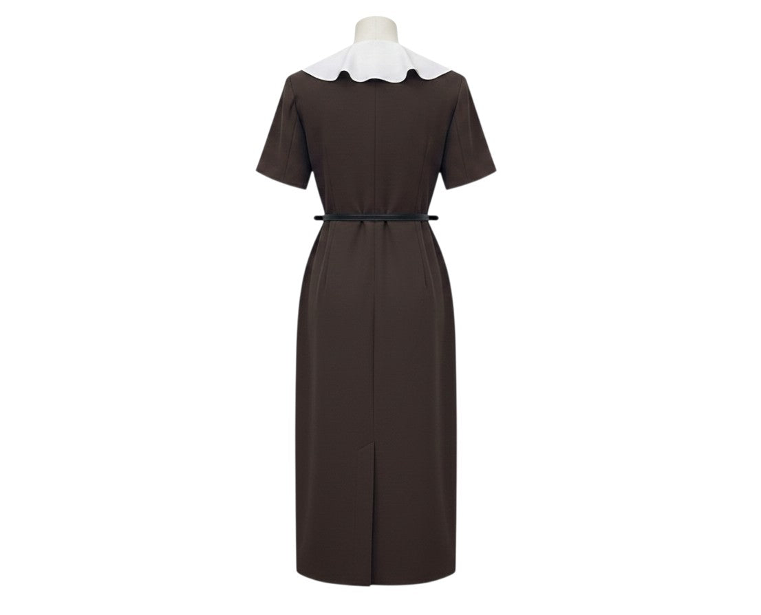 Brown Ruffle Collar Belted Dress