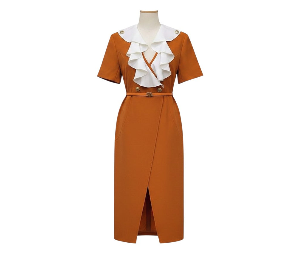 Rust Orange Ruffle Collar Wrap Dress