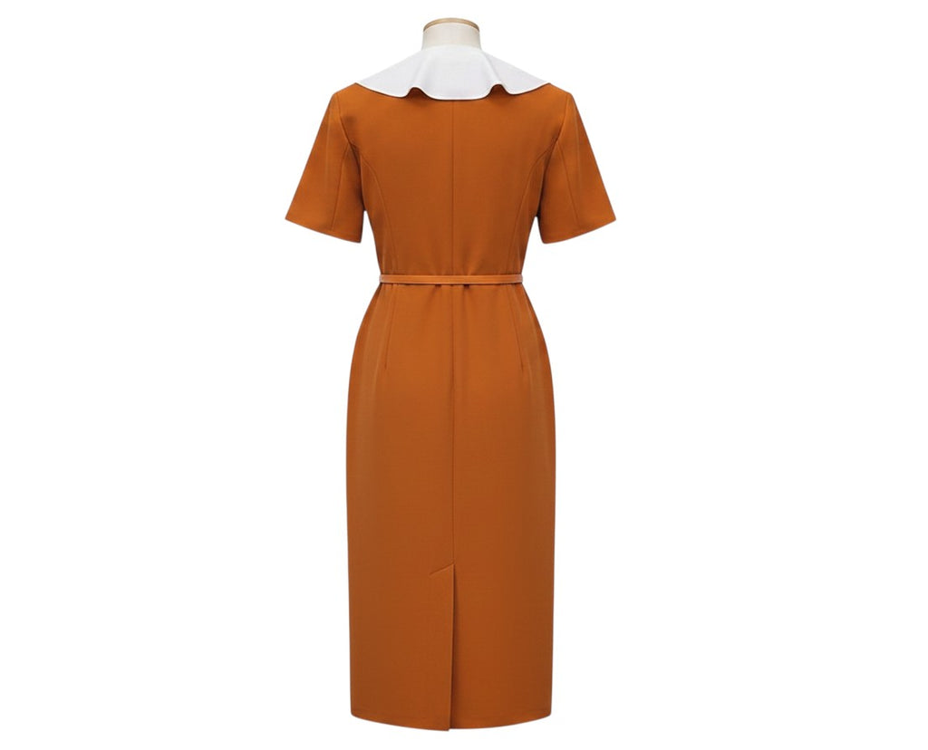 Rust Orange Ruffle Collar Wrap Dress