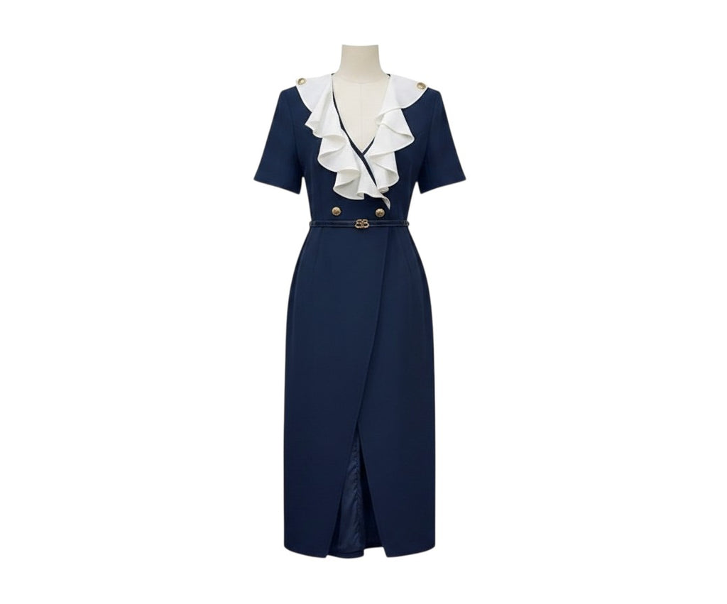 Navy Blue Ruffle Collar Wrap Dress