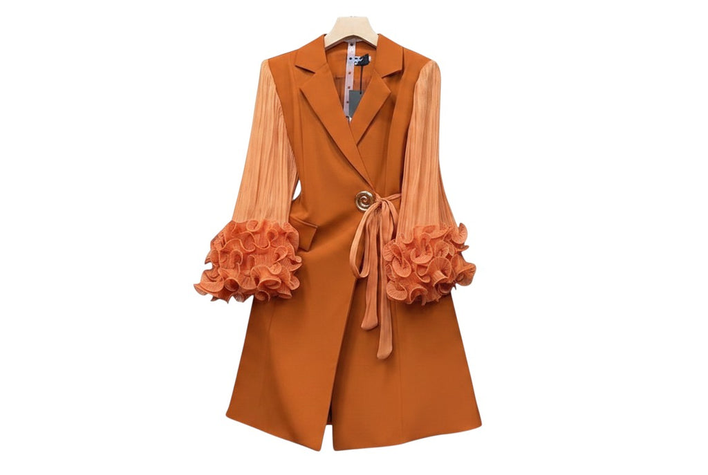 Caramel Orange Sheer Sleeve Ruffle Dress