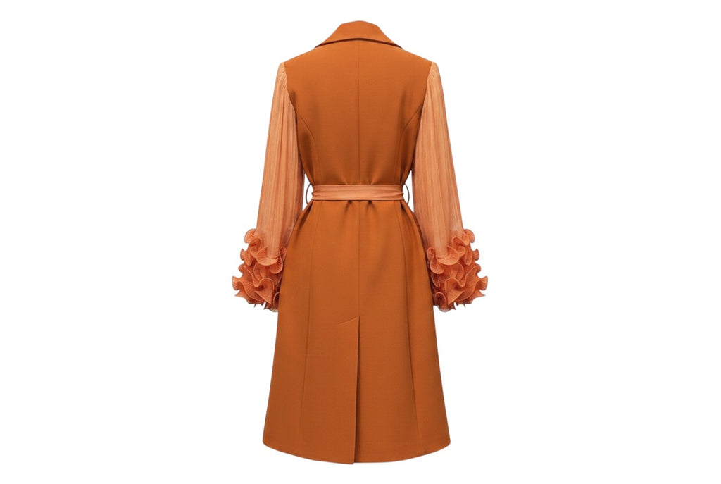 Caramel Orange Sheer Sleeve Ruffle Dress