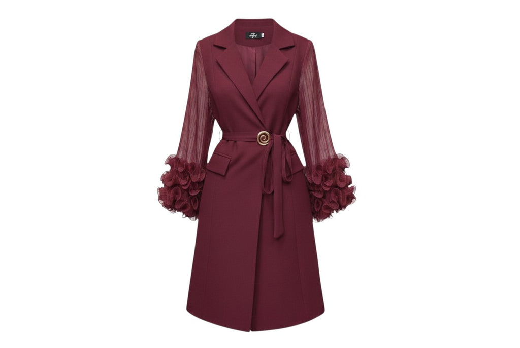 Burgundy Sheer Sleeve Ruffle Cuff Dress