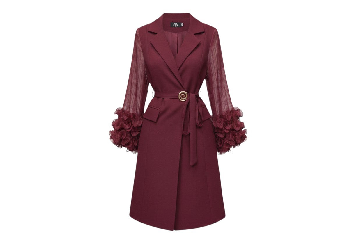 Burgundy Sheer Sleeve Ruffle Cuff Dress