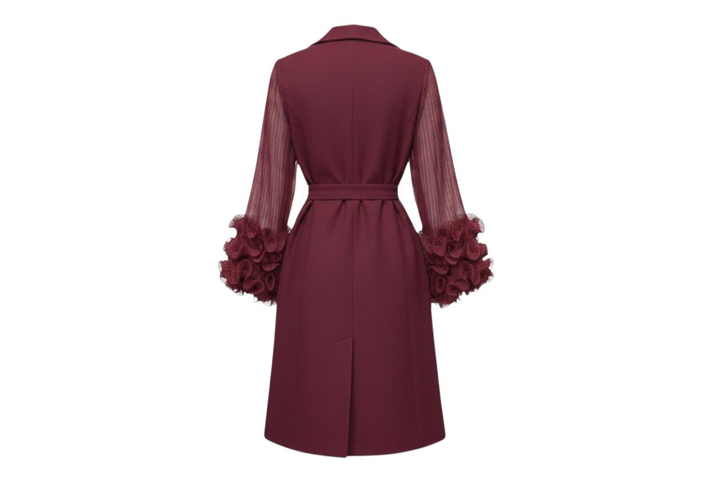 Burgundy Sheer Sleeve Ruffle Cuff Dress
