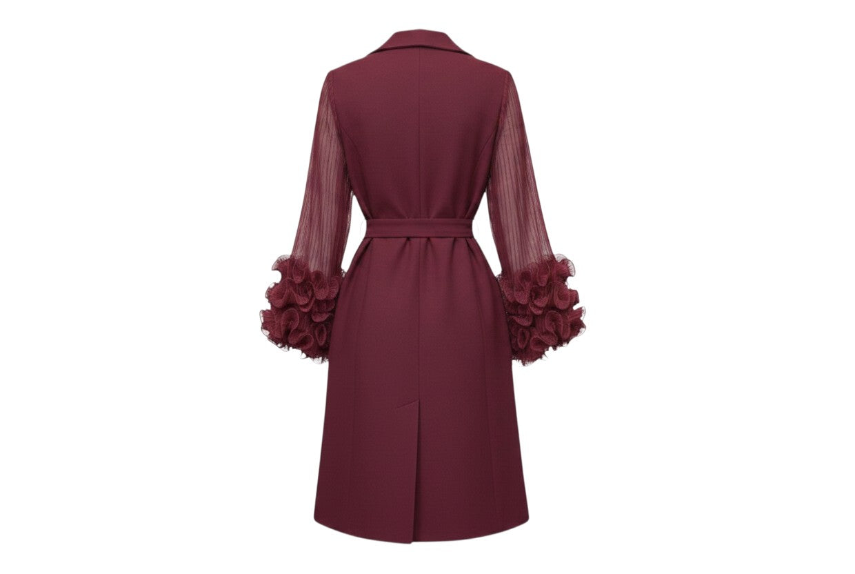 Burgundy Sheer Sleeve Ruffle Cuff Dress
