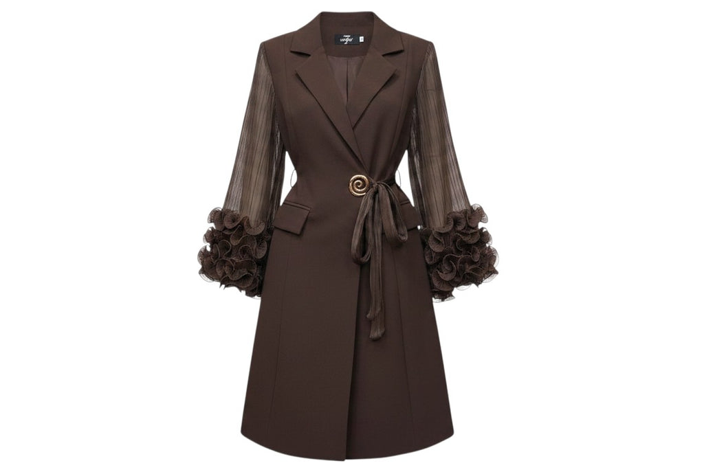 Chocolate Brown Sheer Sleeve Ruffle Dress