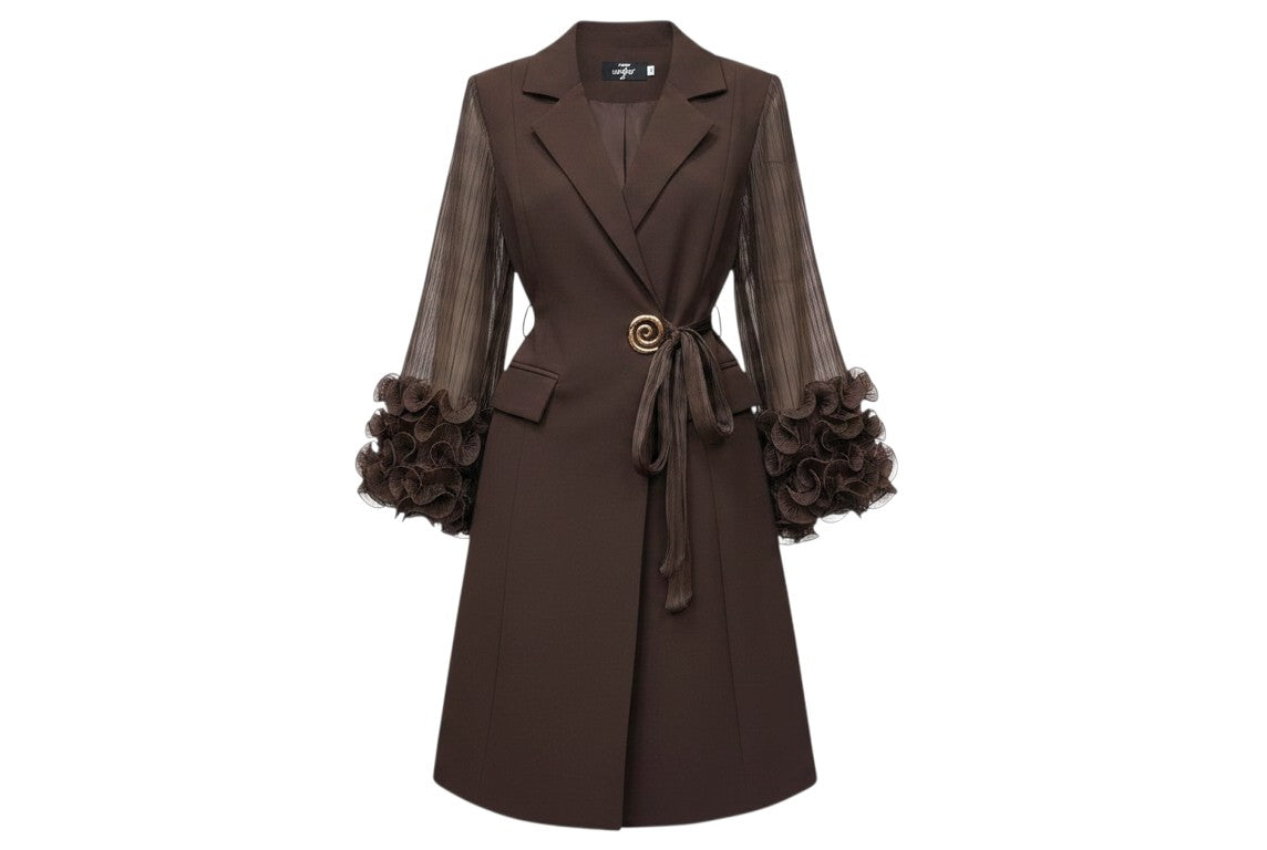 Chocolate Brown Sheer Sleeve Ruffle Dress