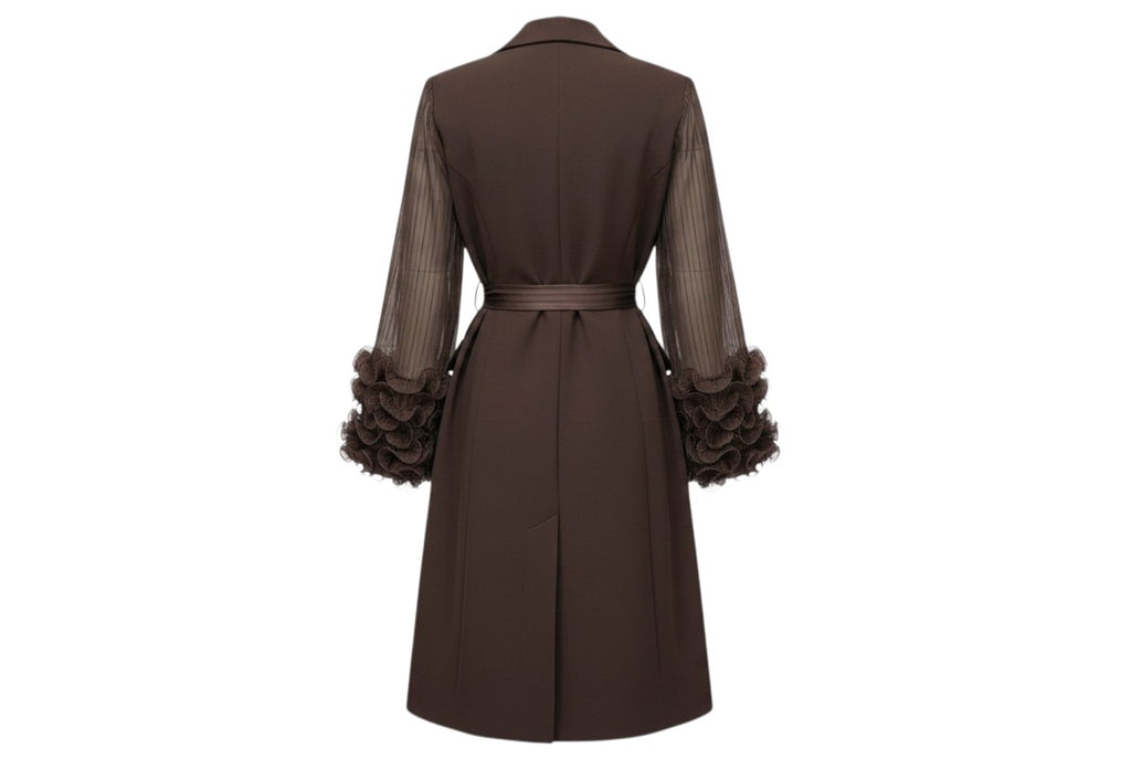 Chocolate Brown Sheer Sleeve Ruffle Dress