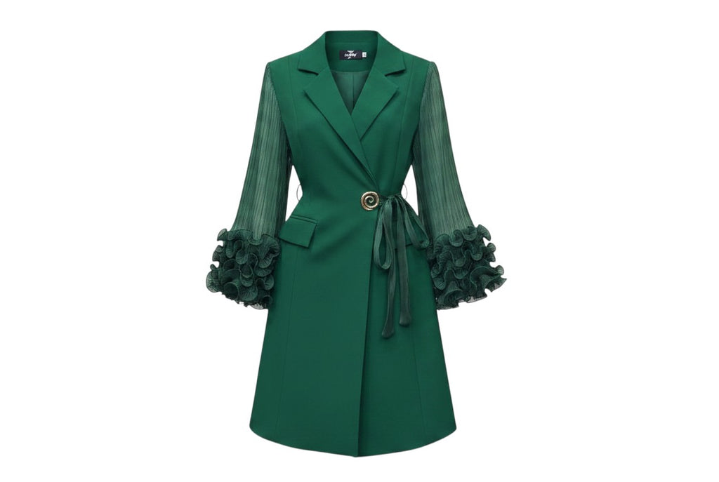 Emerald Green Sheer Sleeve Ruffle Dress