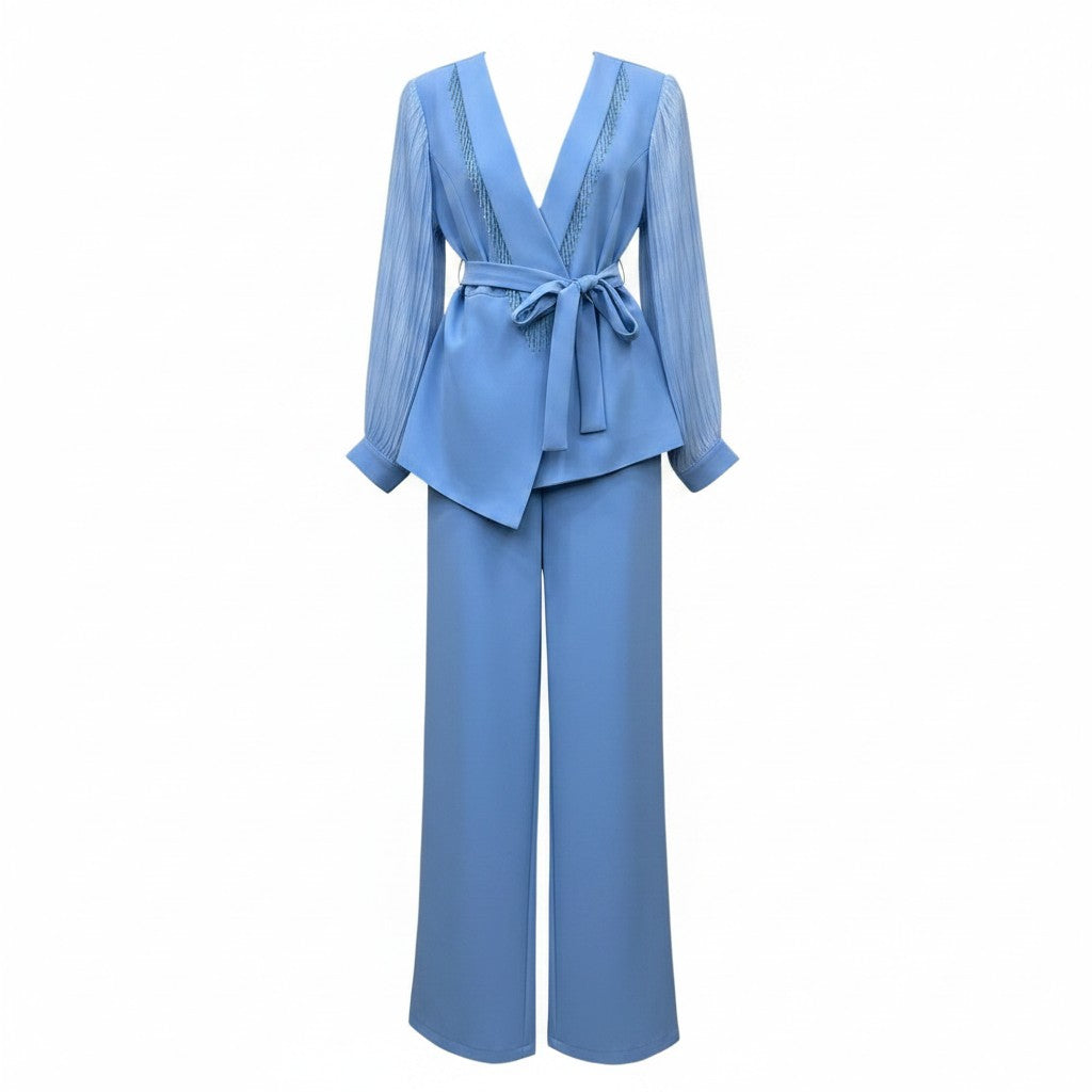Sky Blue Sheer Sleeve Peplum Suit Set