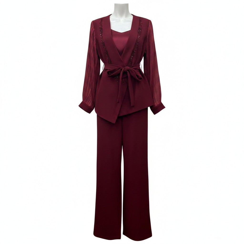 Burgundy Sheer Sleeve Peplum Suit Set