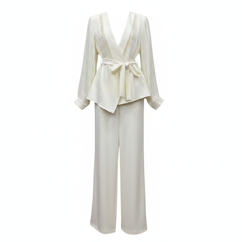 Ivory Sheer Sleeve Peplum Suit Set