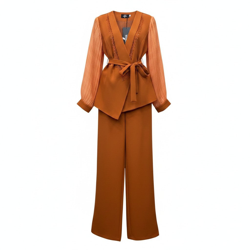 Caramel Sheer Sleeve Peplum Suit Set