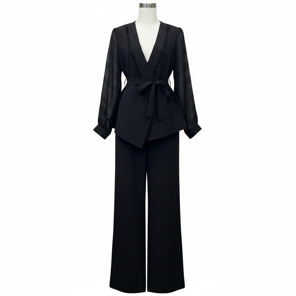 Black Sheer Sleeve Peplum Suit Set