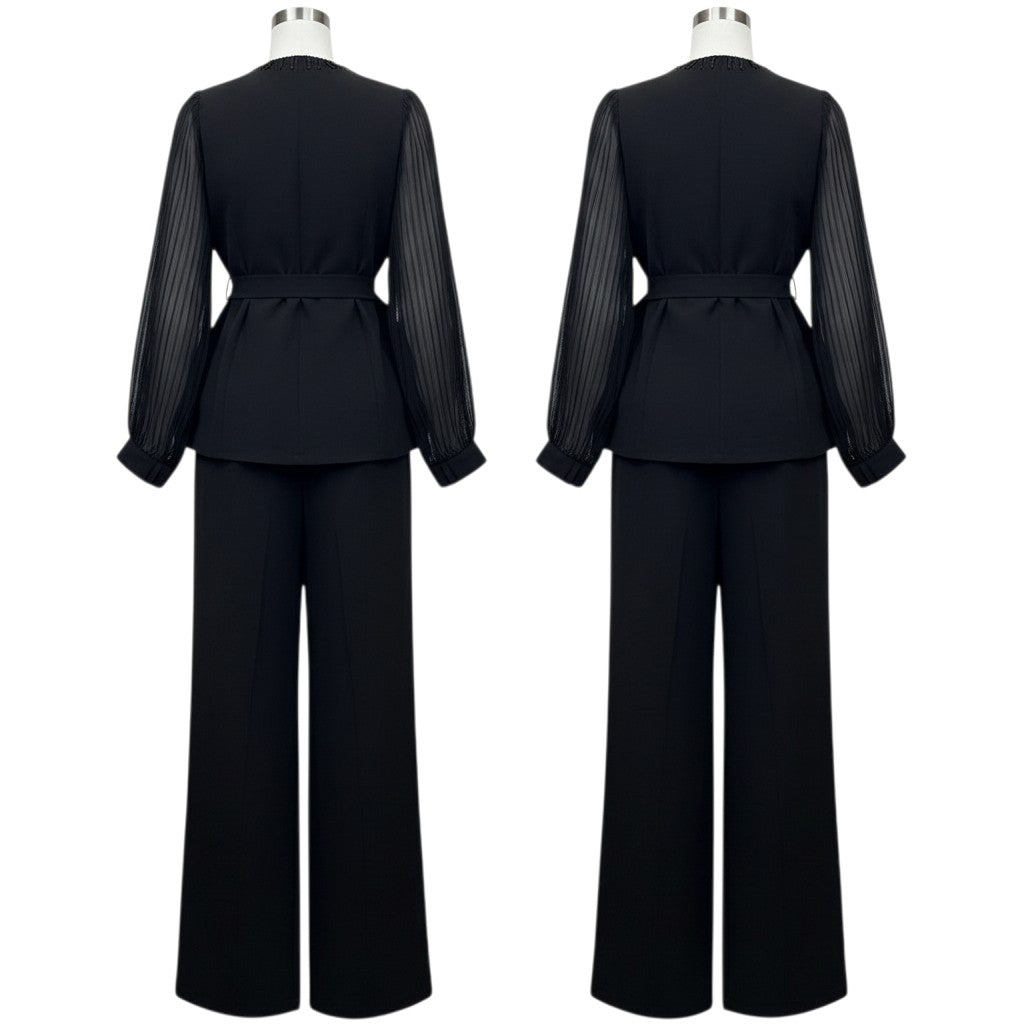 Black Sheer Sleeve Peplum Suit Set