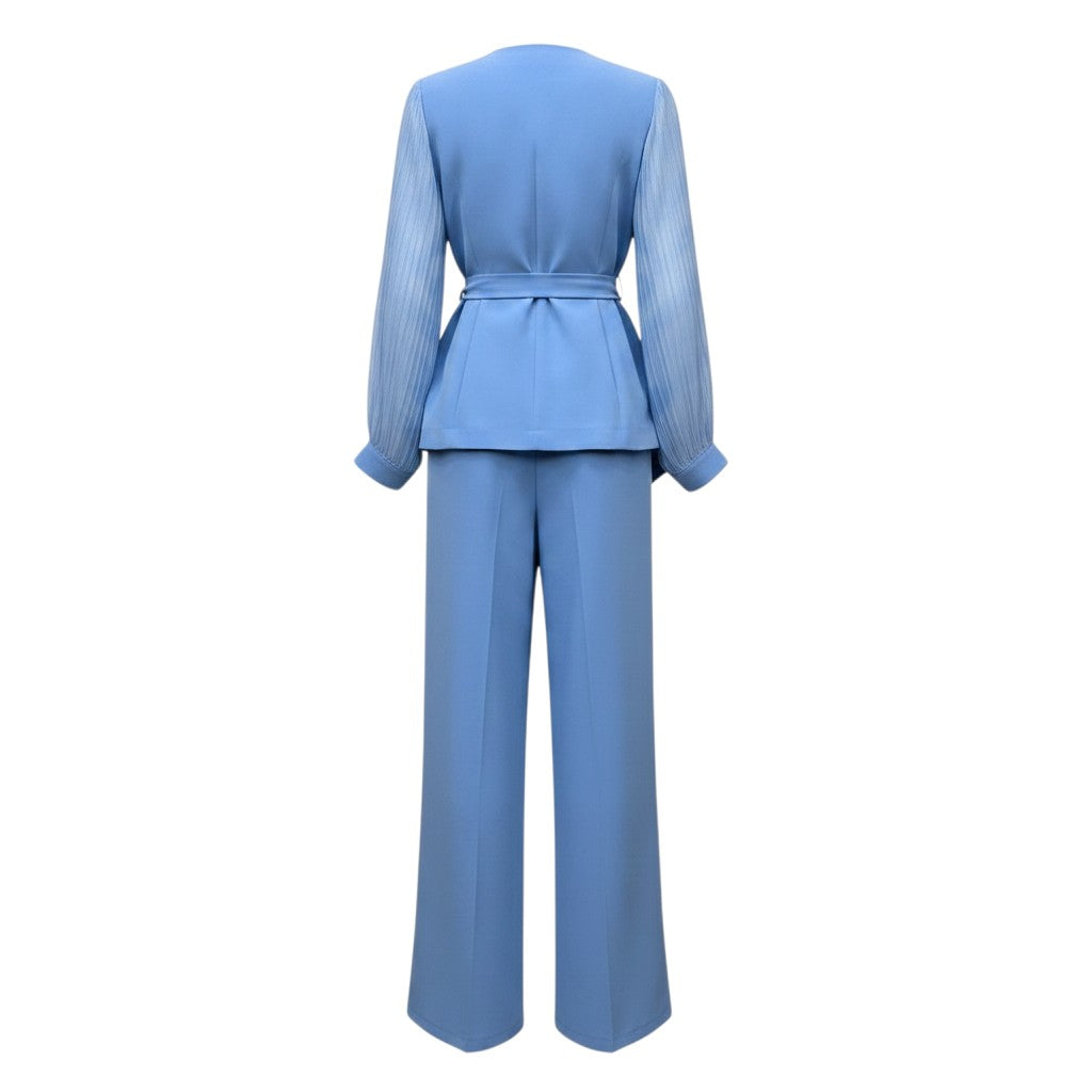 Sky Blue Sheer Sleeve Peplum Suit Set