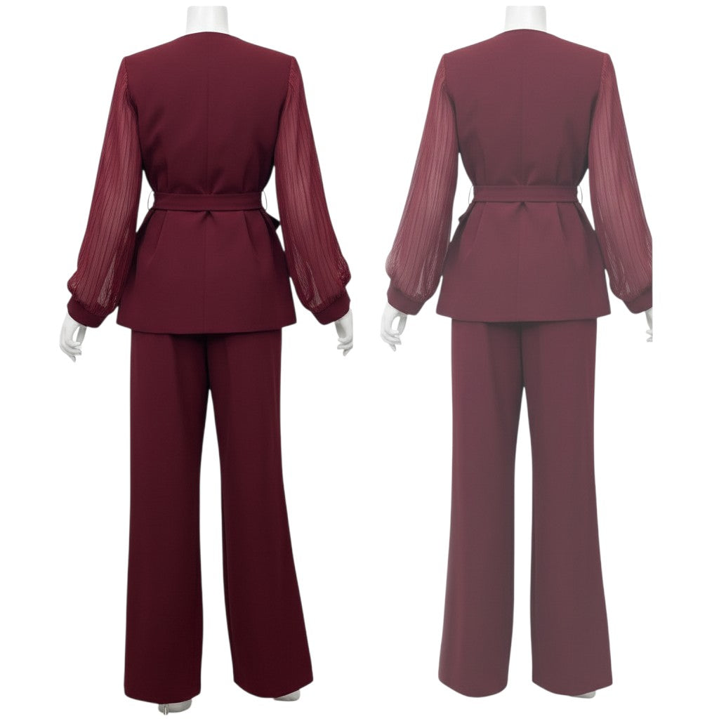 Burgundy Sheer Sleeve Peplum Suit Set
