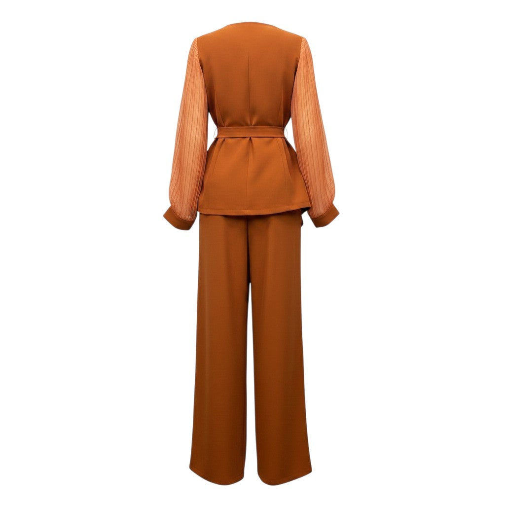 Caramel Sheer Sleeve Peplum Suit Set