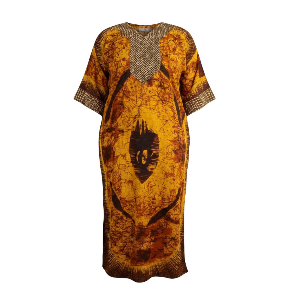 Gold Batik Medallion Kaftan Dress