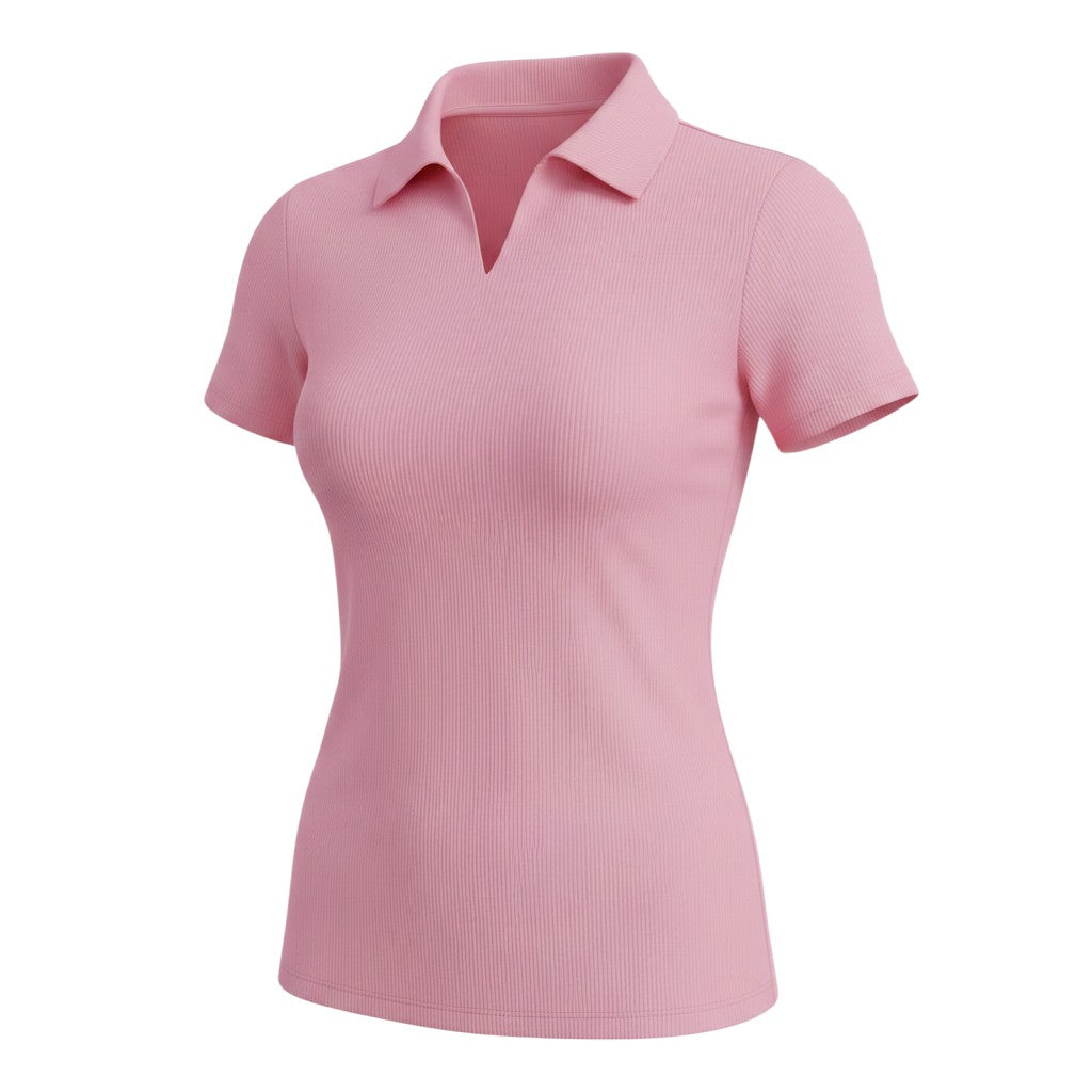 Pink Ribbed V-Neck Polo Top