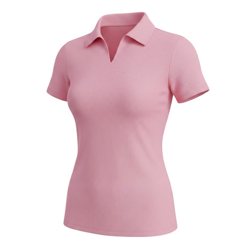 Pink Ribbed V-Neck Polo Top