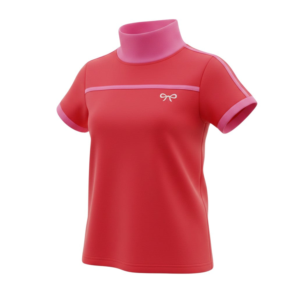 Red Bow Turtleneck Short-Sleeve Top
