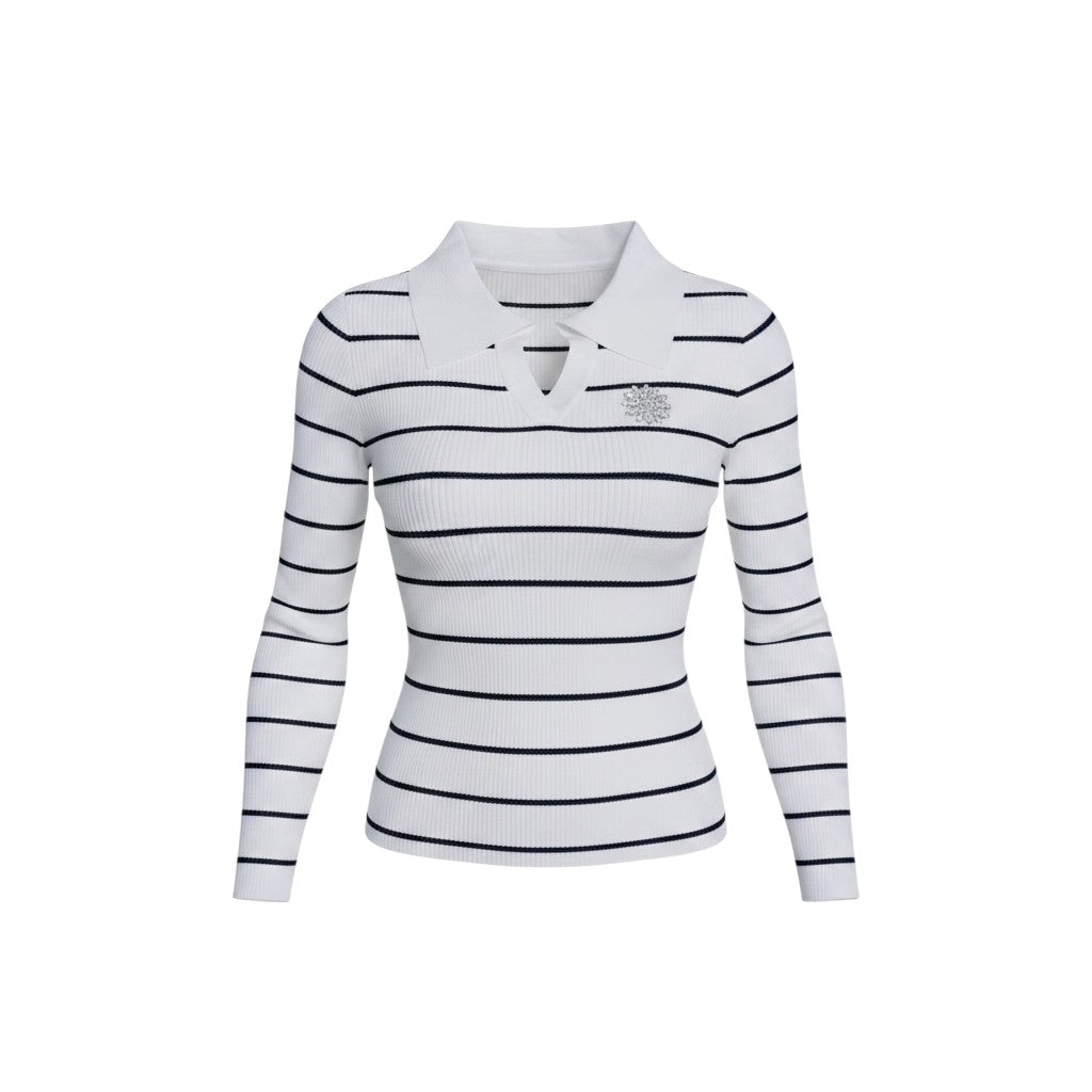 Striped Knit Polo Long-Sleeve Top