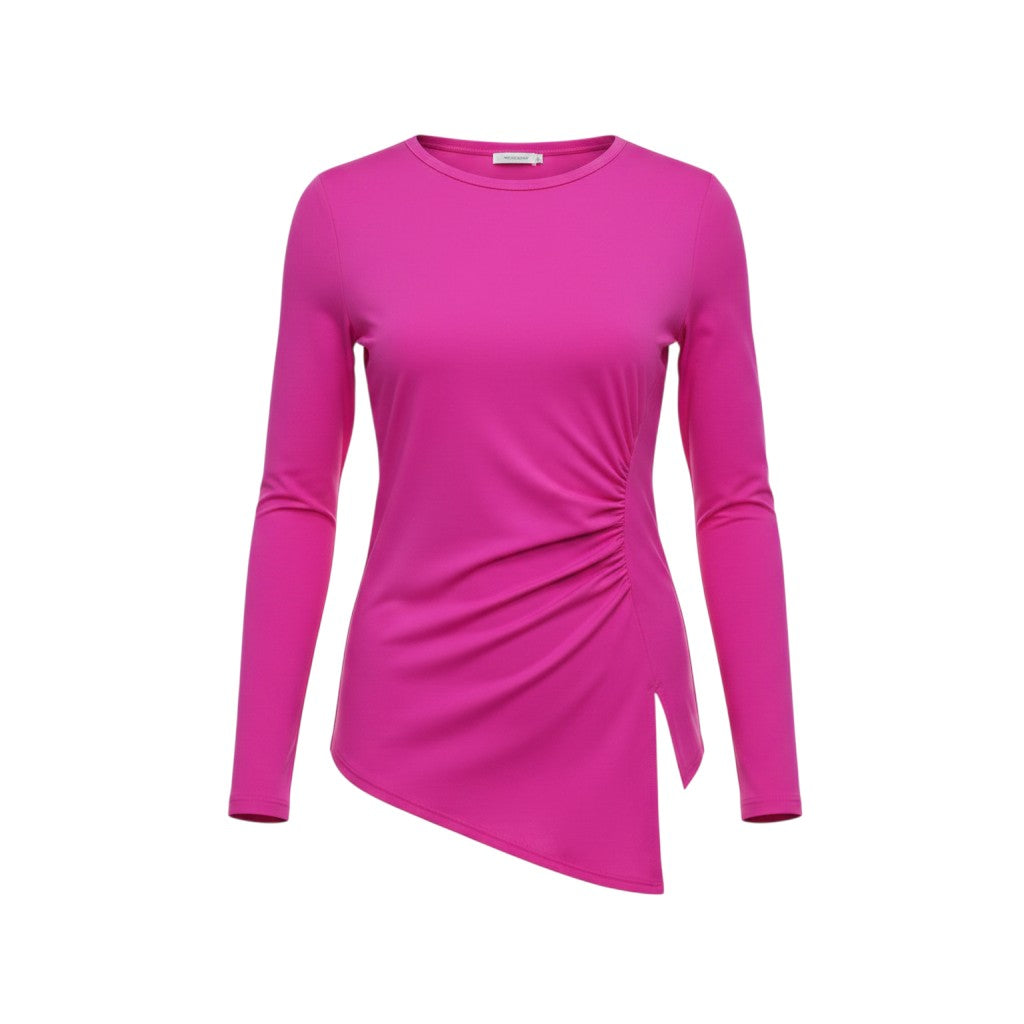 Hot Pink Ruched Asymmetric Long-Sleeve Top