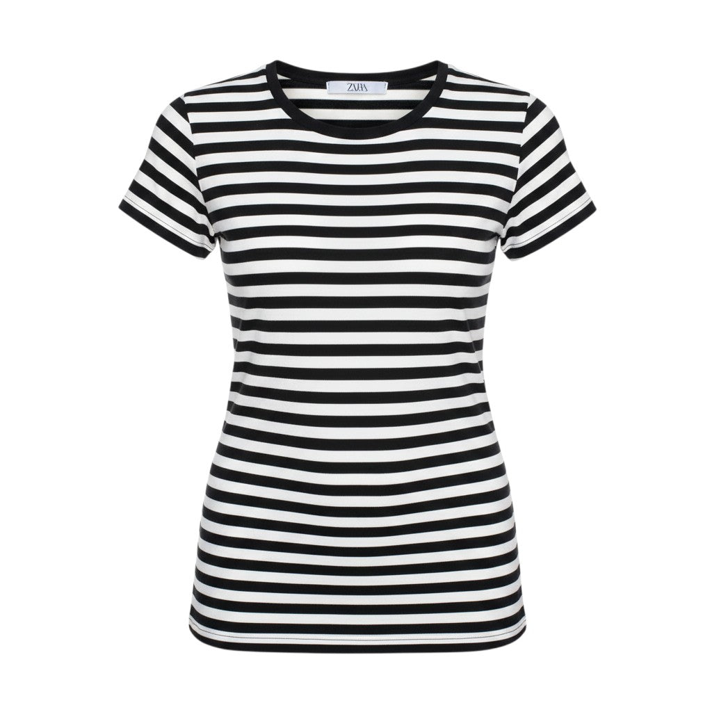 Black White Striped Fitted Crew Tee