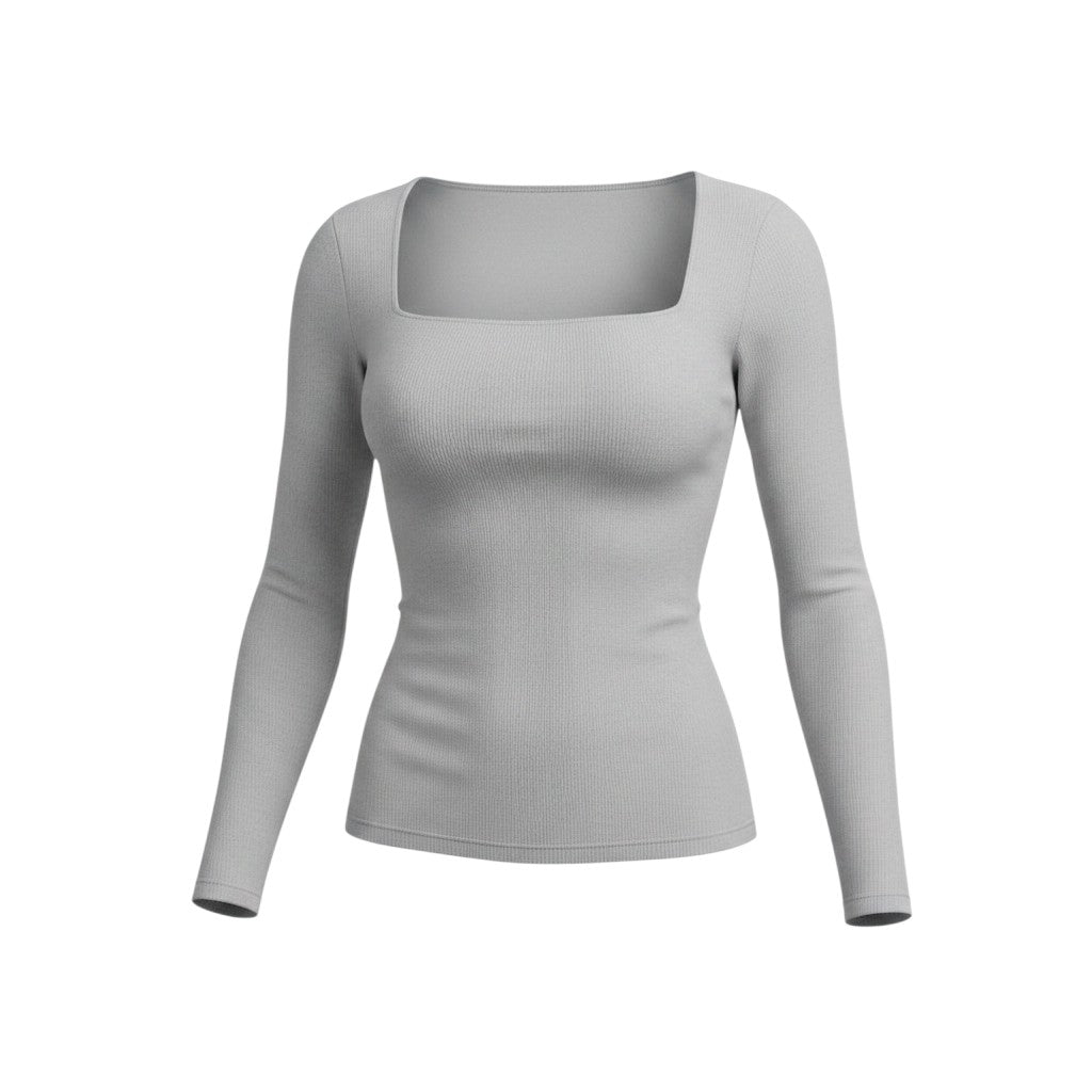 Grey Square Neck Long-Sleeve Top