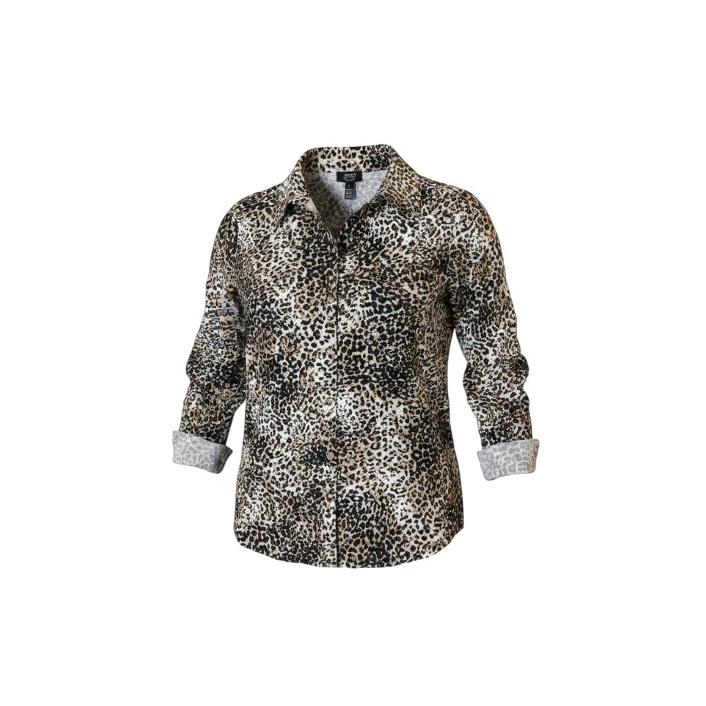 Black & Cream Leopard Print Roll-Tab Shirt