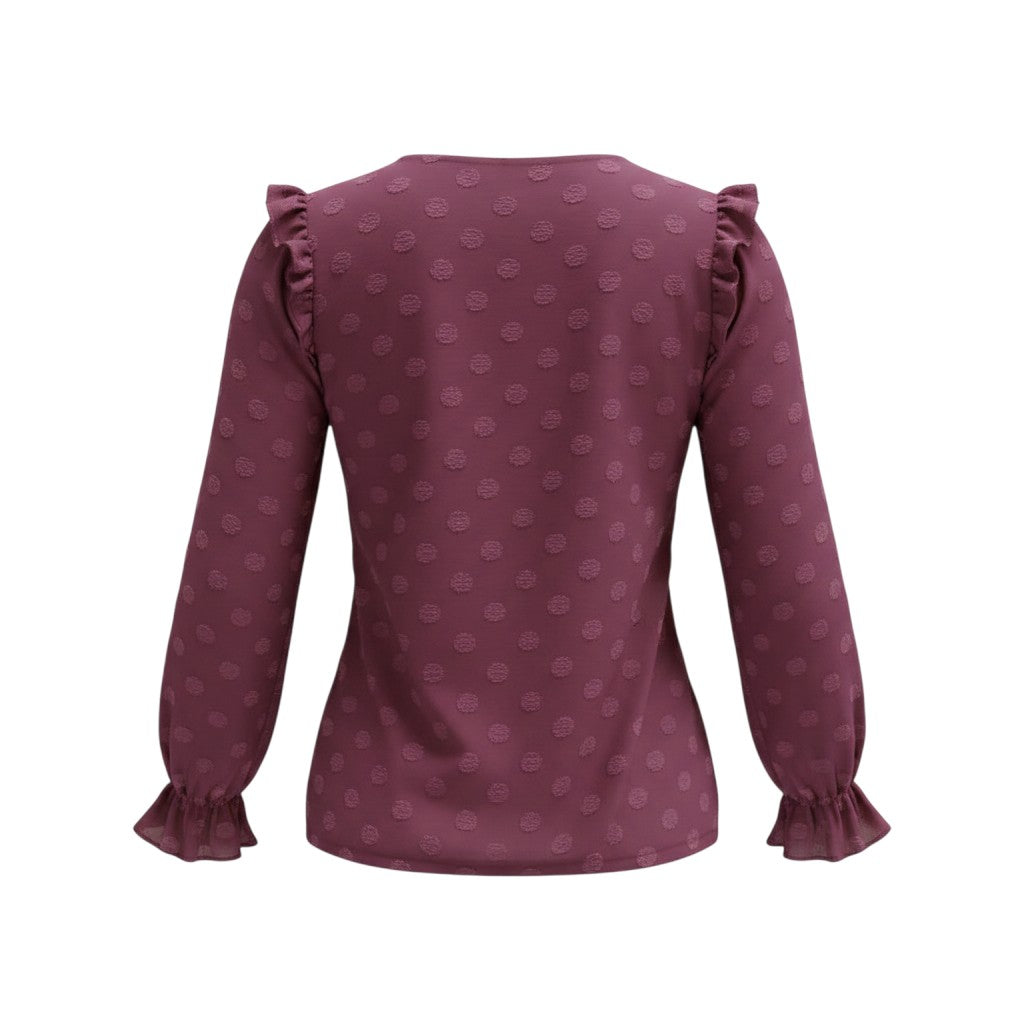 Deep Mauve Ruffle Shoulder Polka Dot Blouse