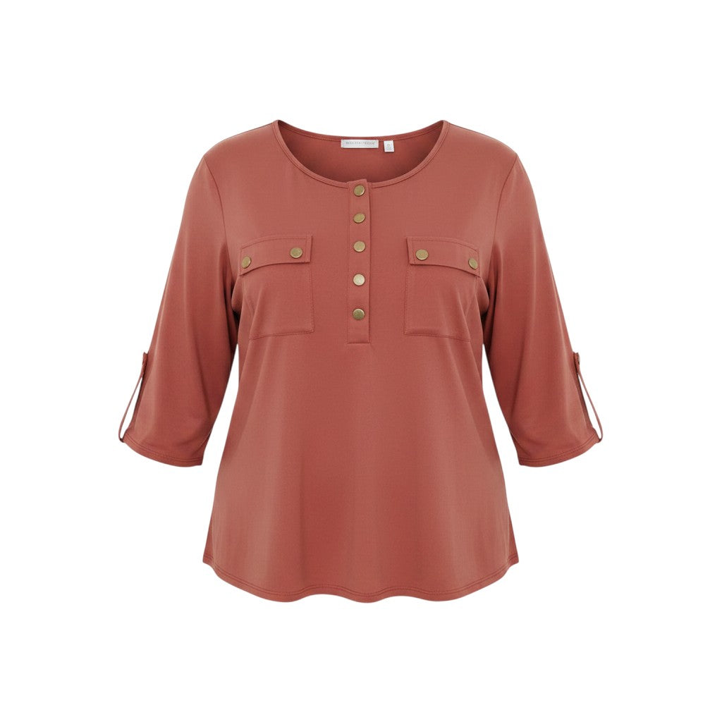 Terracotta Roll-Tab Sleeve Snap Blouse