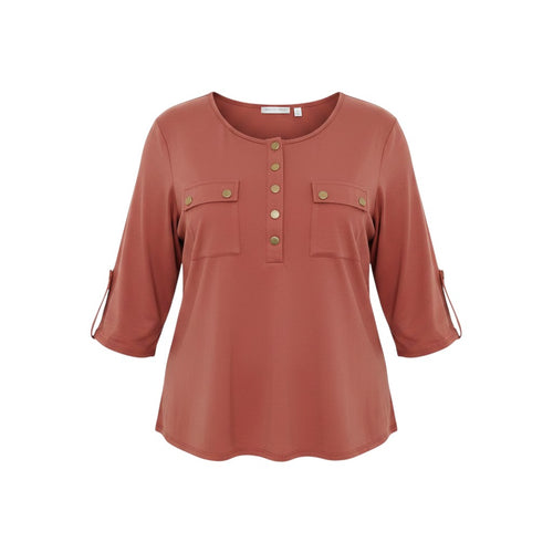 Terracotta Roll-Tab Sleeve Snap Blouse