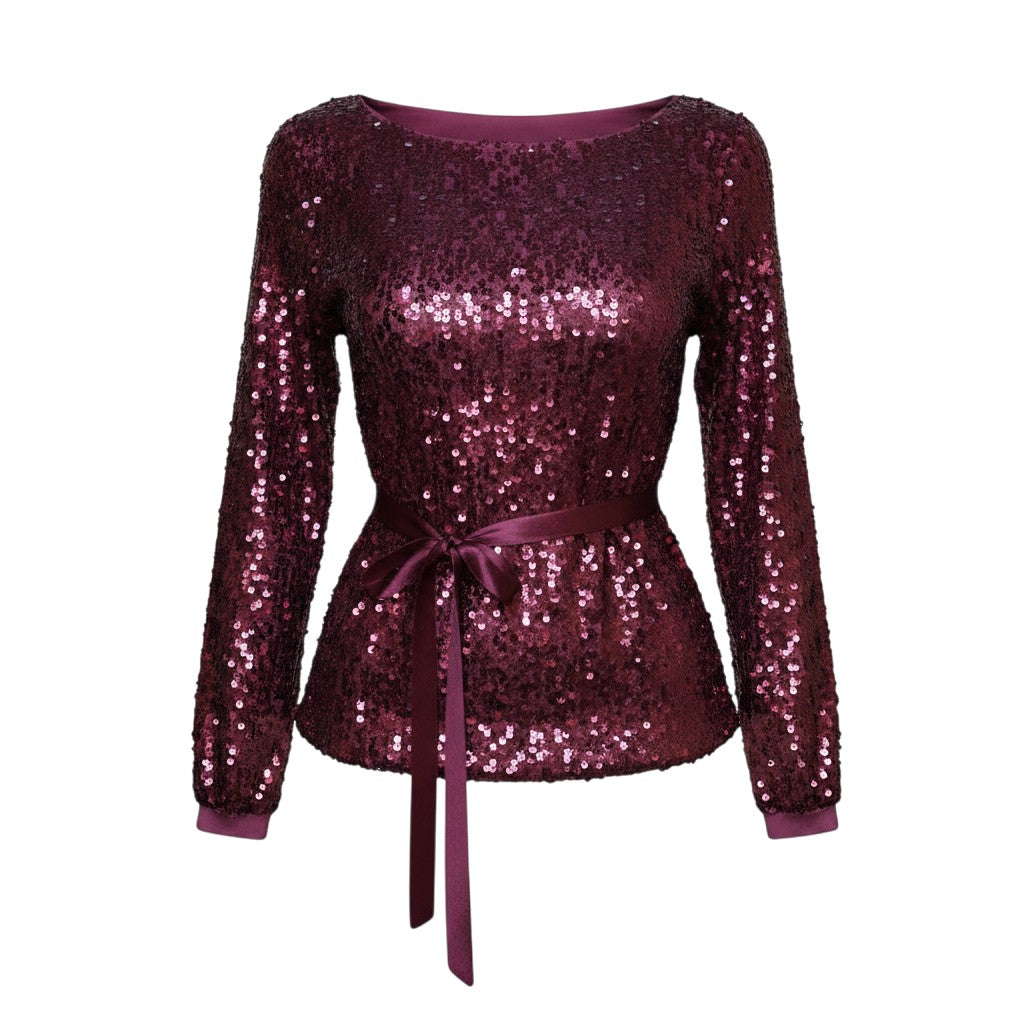 Burgundy Sequin Belted Long Sleeve Top