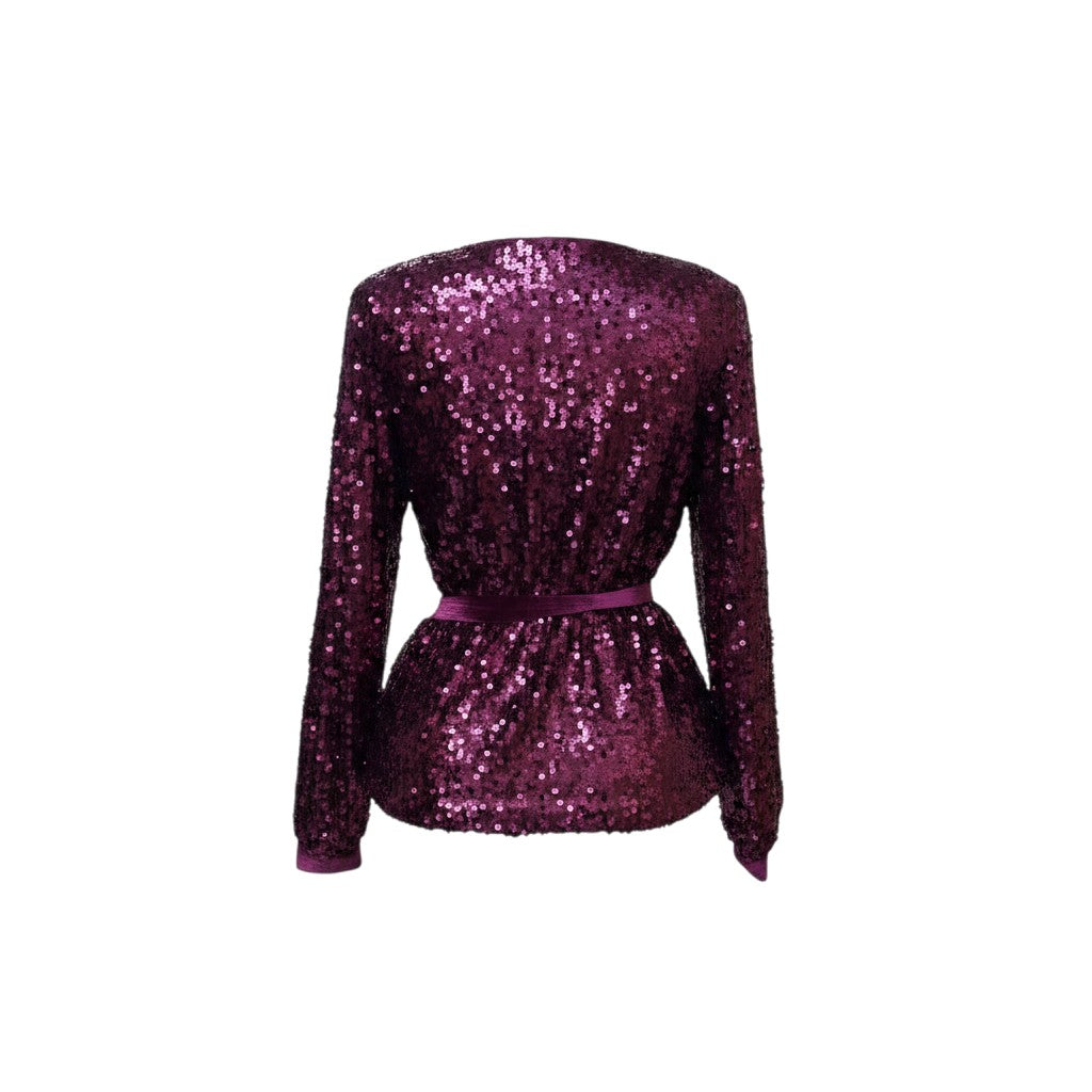 Burgundy Sequin Belted Long Sleeve Top