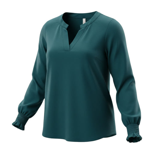 Teal Balloon Sleeve Split Neck Blouse