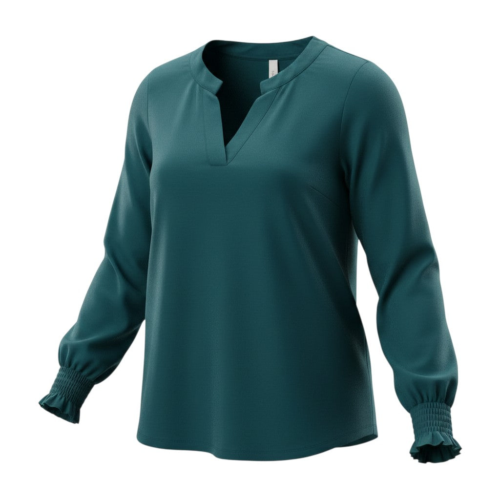 Deep Teal Split V-Neck Smocked Cuff Blouse
