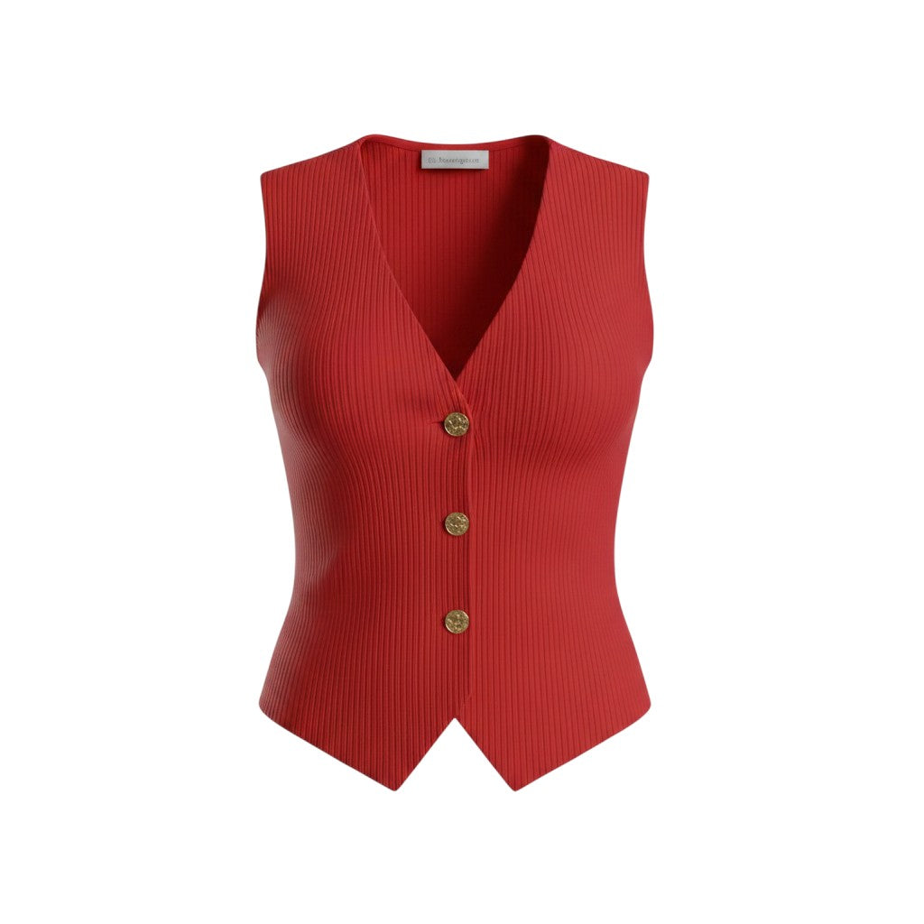 Red Ribbed Gold Button Vest Top