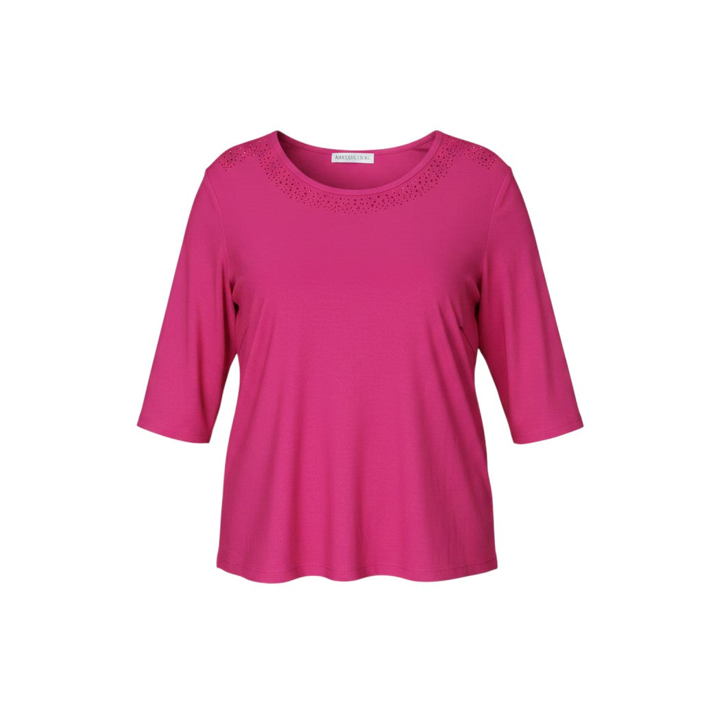 Fuchsia Rhinestone Neckline 3/4 Sleeve Top