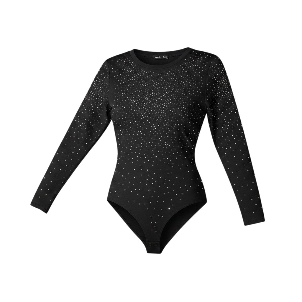 Black Crystal Rhinestone Long Sleeve Bodysuit