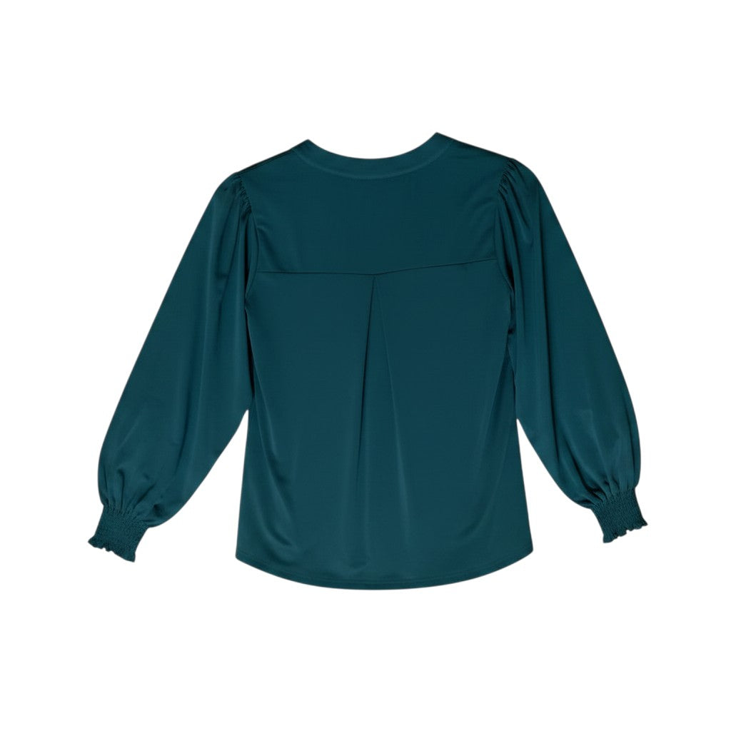 Teal Balloon Sleeve Split Neck Blouse