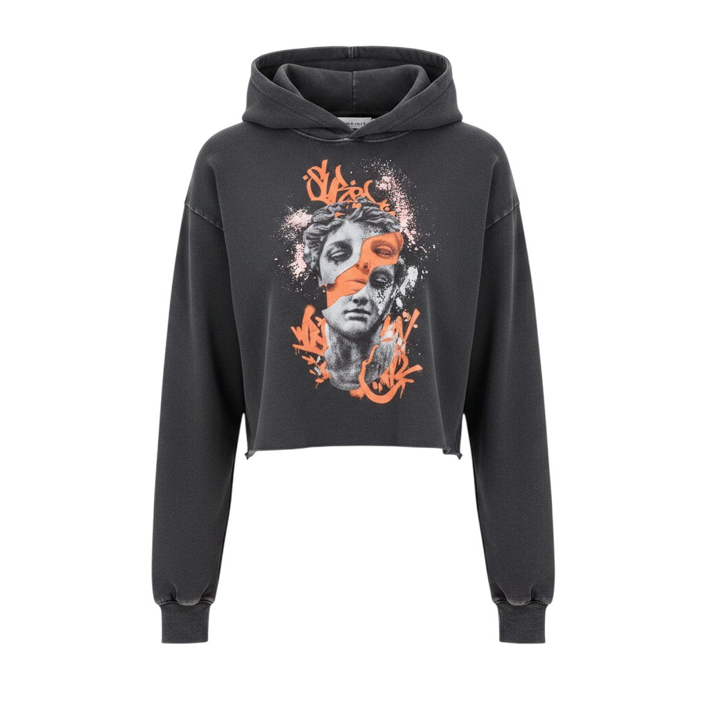 Charcoal Cropped Statue Graffiti Hoodie