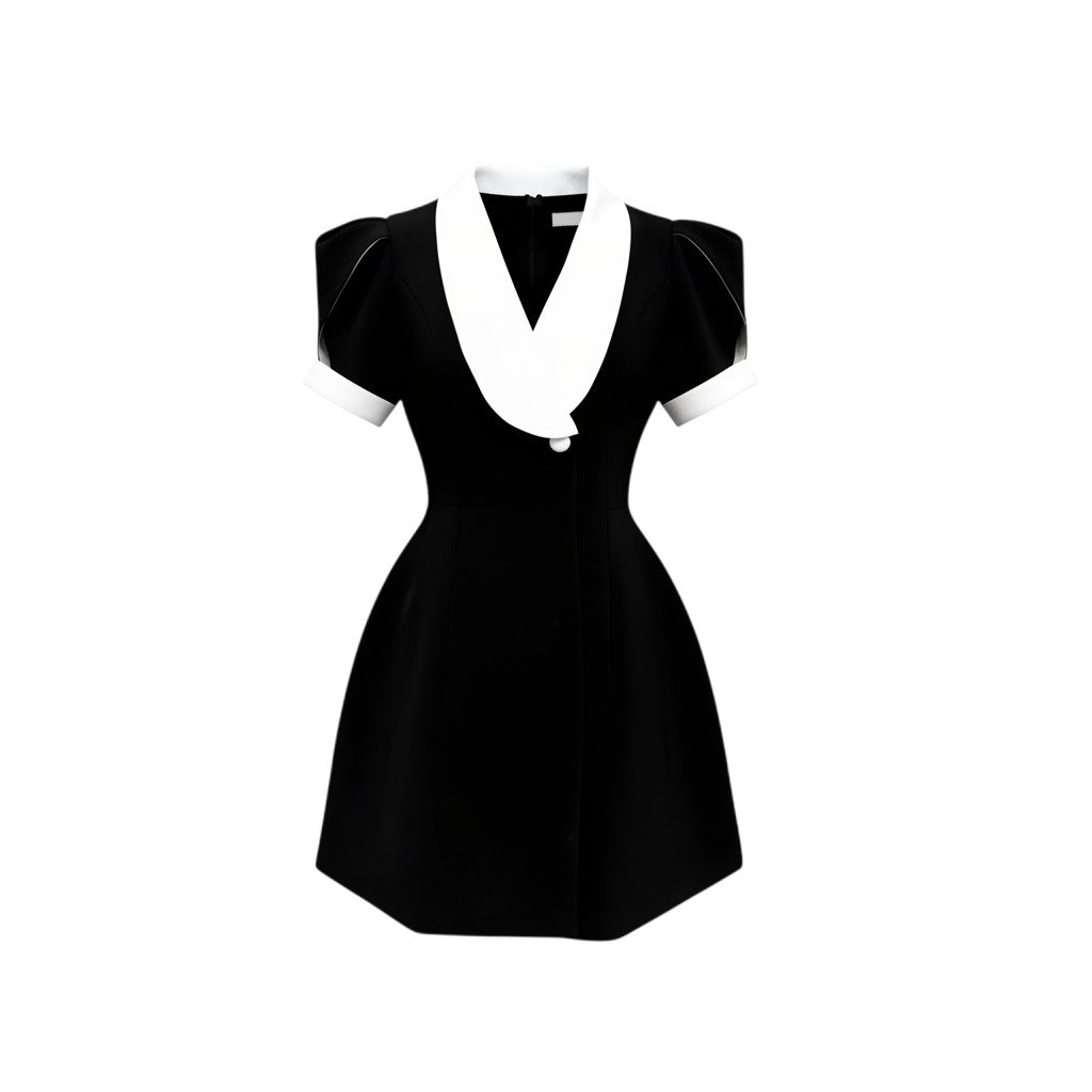 Black Lapel Puff Sleeve Dress