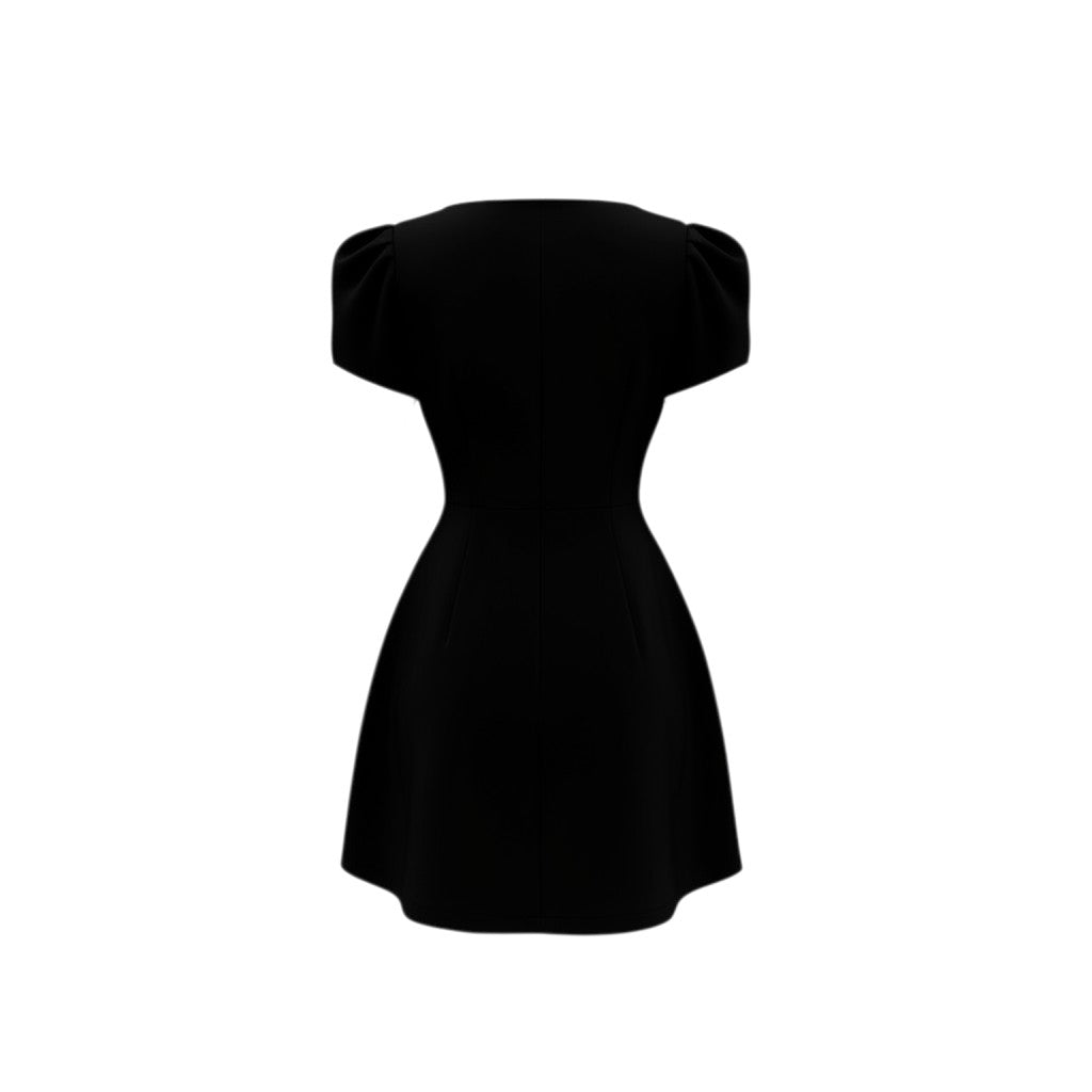 Black Lapel Puff Sleeve Dress