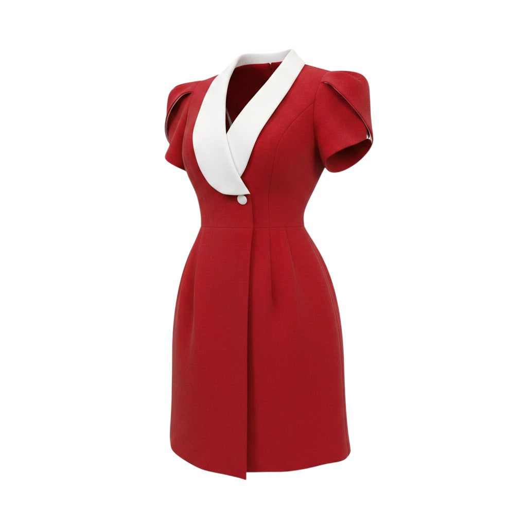 Red Lapel Puff Sleeve Dress