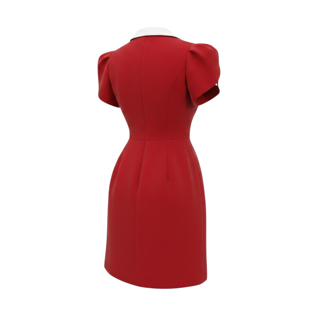 Red Lapel Puff Sleeve Dress